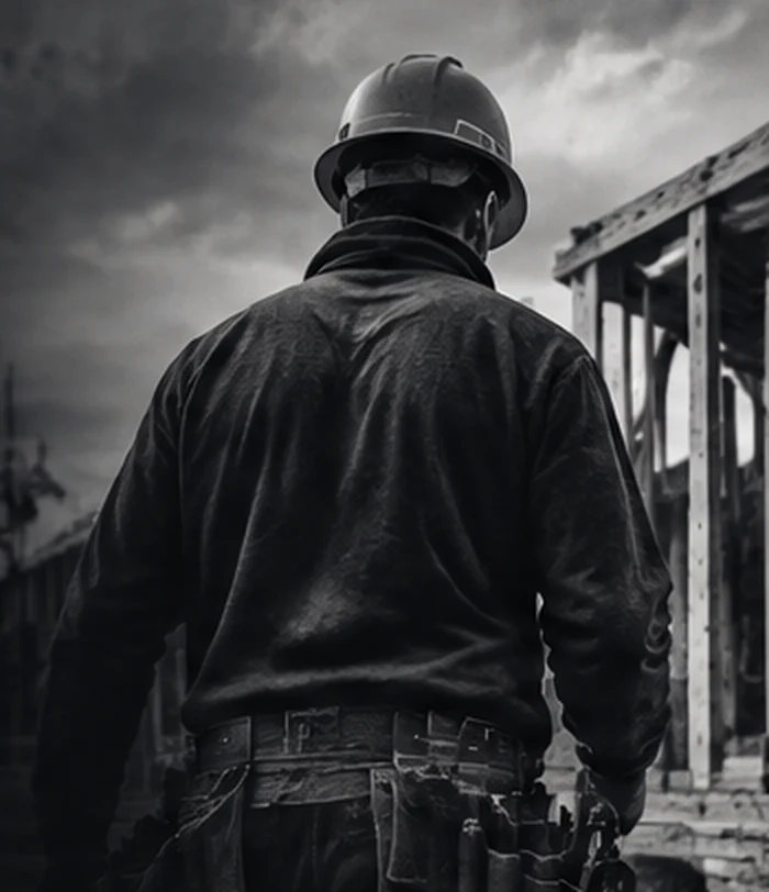Black-and-white construction worker viewed from behind at an active framing site