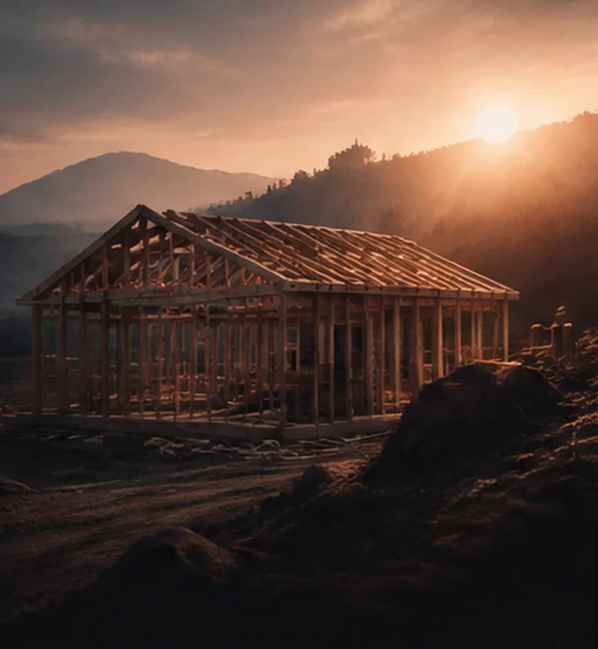 Sunset light over a house under construction with exposed wood framing